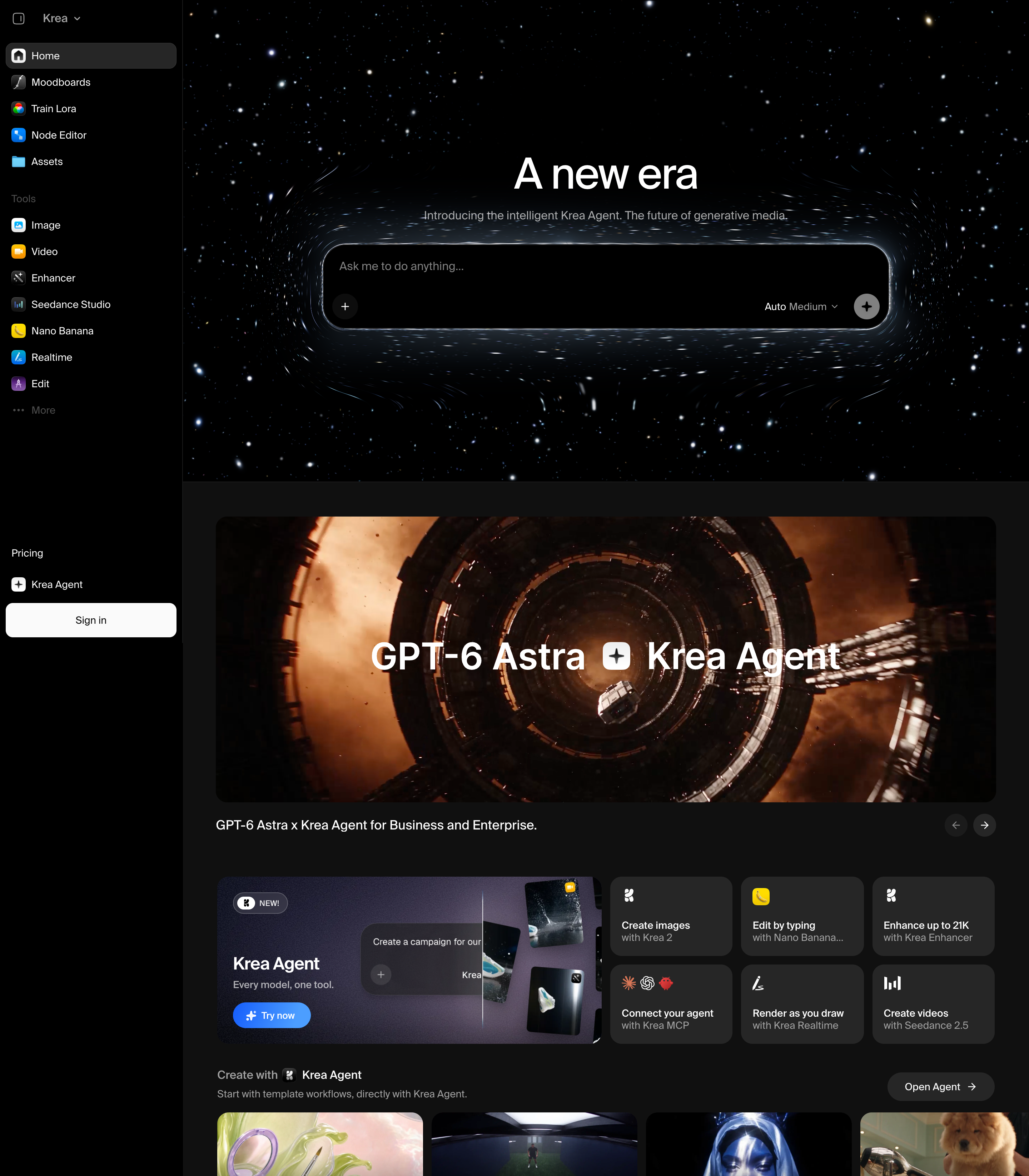Krea web design inspiration - Dark AI UI layout